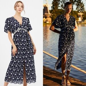 Zara Floral Embroidered Dress Size M, Boho Maxi Length Navy White Empire Waist